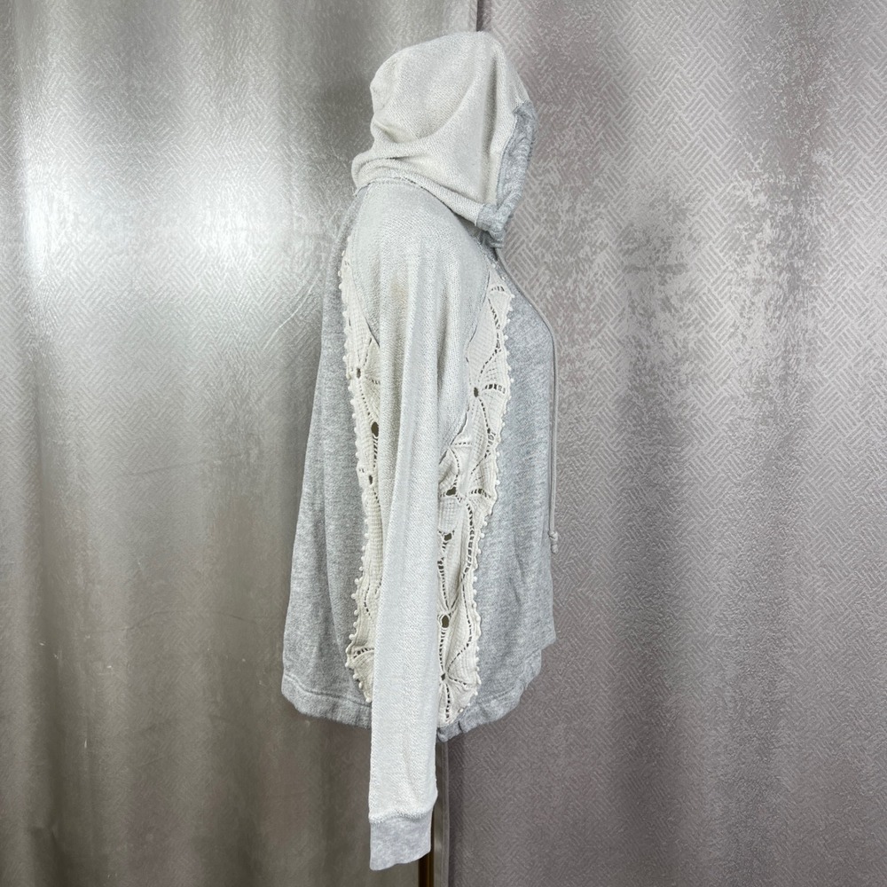 Free People Gray Crochet Lace Panel Hoodie Sweatshirt Boho Oversized Medium - Picture 3 of 9